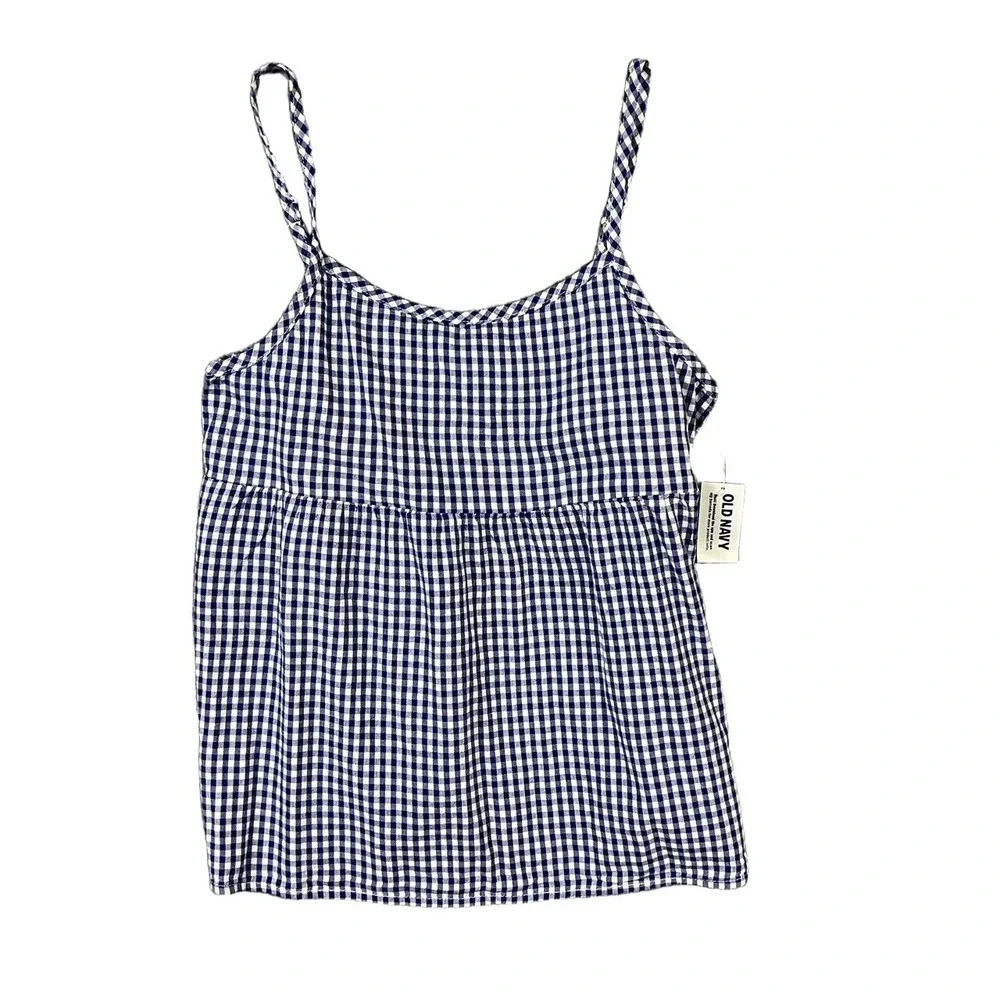 Old Navy Top‎ Youth Girls Gingham Spaghetti Straps Blue White Summer Picnic LG